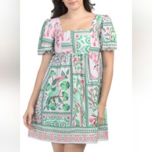 NWT Celina Moon Dress Babydoll Mini Tropical Tile Pink Green Parrot Bird Size L